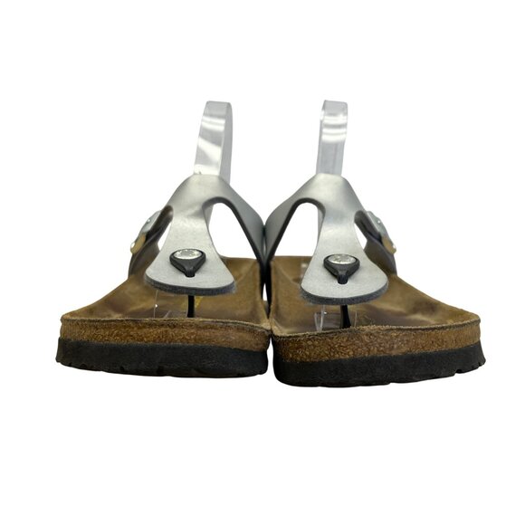 Birkenstock Women’s Metallic Silver Strap & Cork Sole Gizeh Sandals Size US 8 - Picture 2 of 9